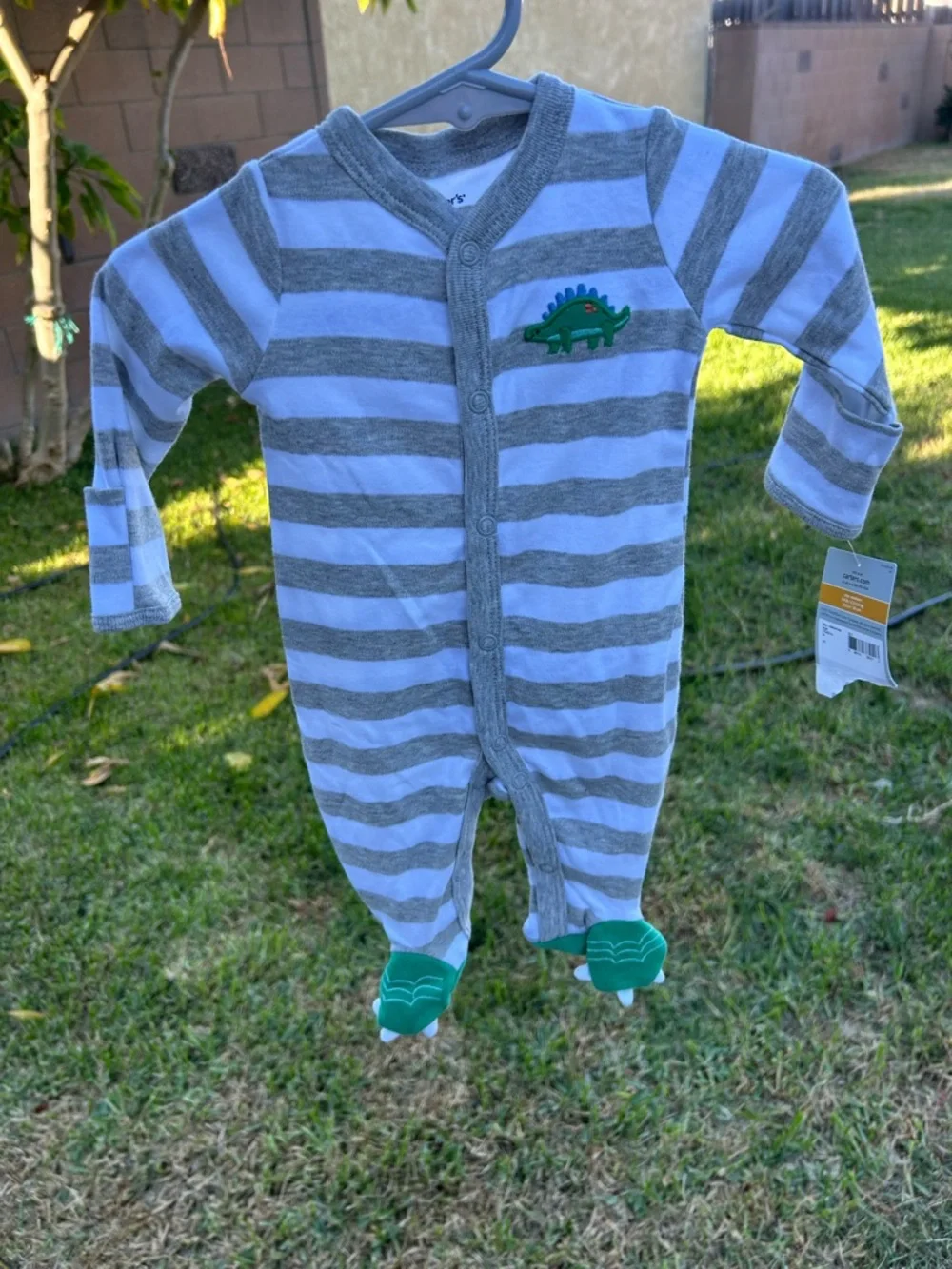 Carter’s Grey & White Striped Baby One-Piece with Green Dino Accent
